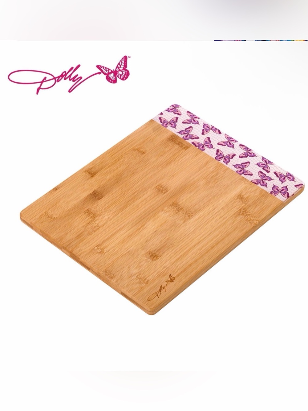 NWT Dolly Parton Bamboo Cutting Board with Pink Butterfly Print 11" × 14"